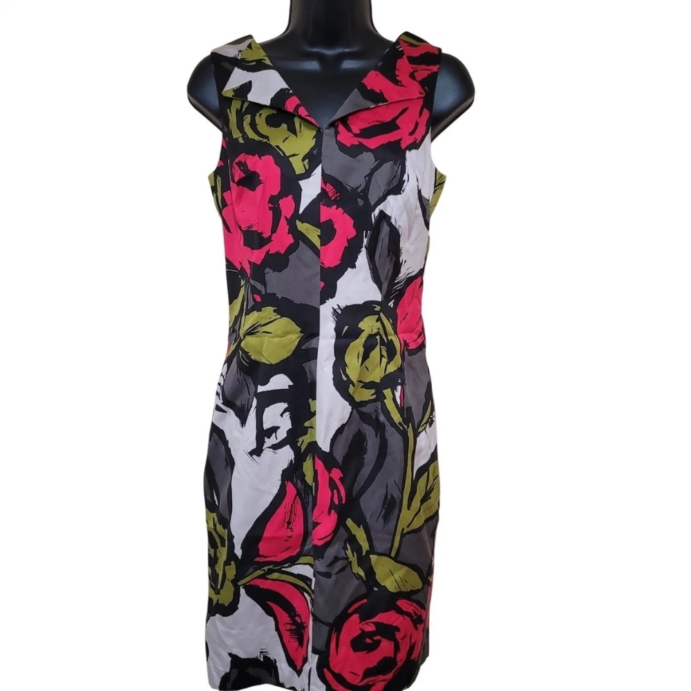 Trina Turk Floral Sheath Dress In vibrant pink, olive, gray. Sz 8